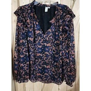 JOIE Peasant Floral Blouse Black Blue Peach Gold Thread Long Sleeves Ruffles XL